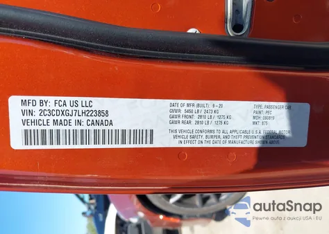 2020 Dodge Charger Scat Pack Rwd из США, поврежденный, VIN 2C3CDXGJ7LH223858